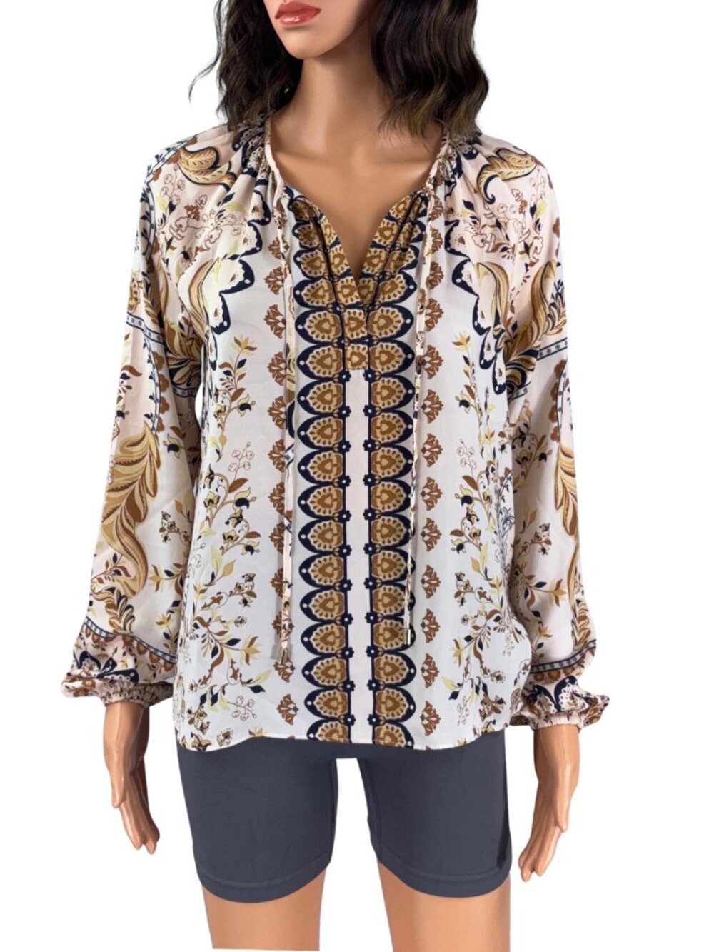 Anthropologie Maison d'Amelie Paris Paisley Medallion Blouse XS Cream Gold Navy